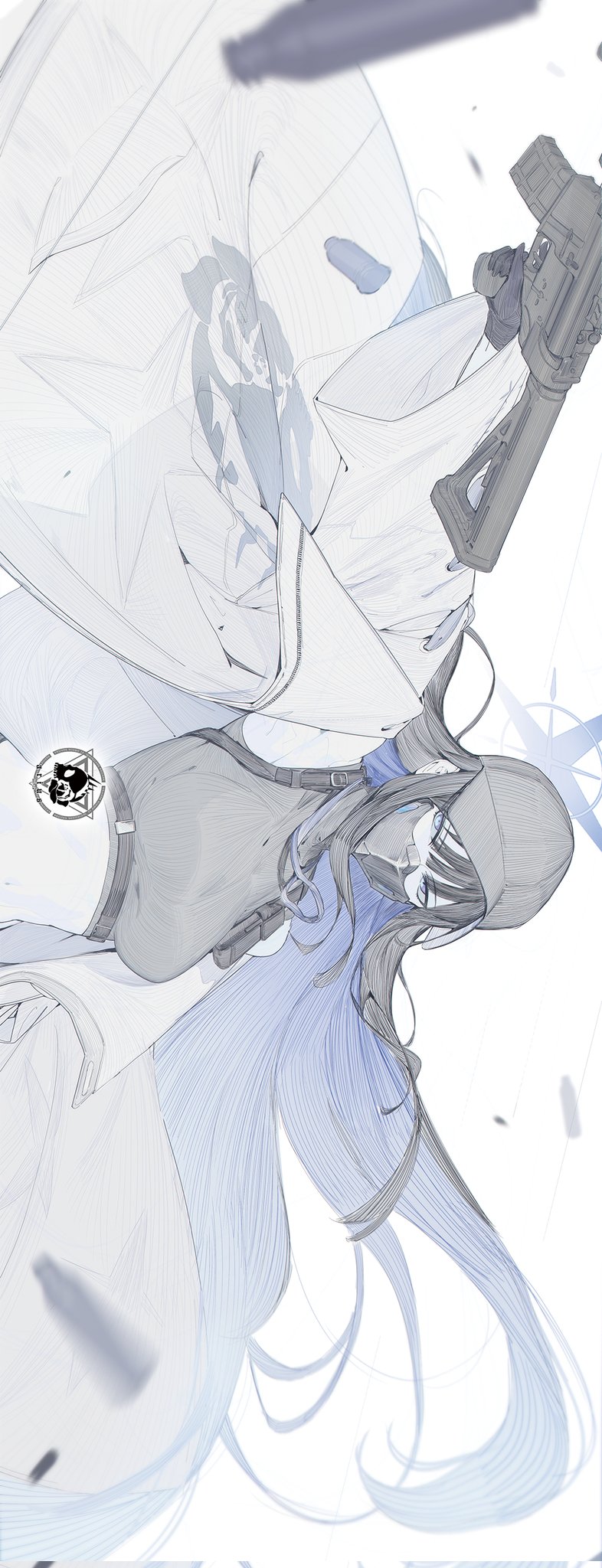 1girl baseball_cap black_hat black_mask blue_archive blue_halo buckle chest_harness coat colored_inner_hair halo harness hat highres jaeb_(kkrt0302) mask mouth_mask multicolored_hair saori_(blue_archive) sig_516 sig_sauer snap-fit_buckle solo white_coat