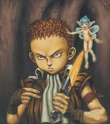 1990s_(style) 2boys berserk dagger fairy isidro_(berserk) knife lowres male_focus mini_person miniboy multiple_boys puck_(berserk) retro_artstyle weapon