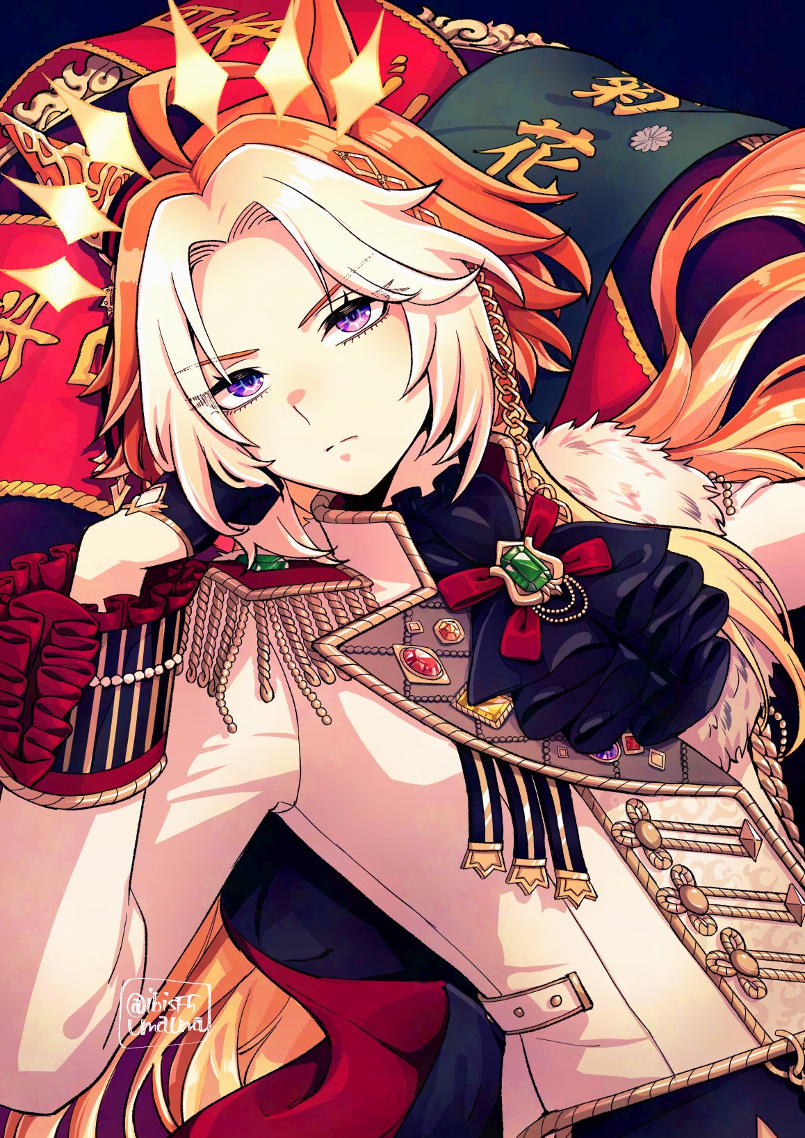1girl ahoge aiguillette animal_ears arm_up ascot black_ascot black_gloves breasts brooch cape chain closed_mouth commentary_request ear_covers ear_ornament epaulettes forehead gem gloves gold_chain hair_intakes hi_(ibisf5umauma) highres horse_ears horse_girl jacket jewelry long_hair long_sleeves looking_at_viewer lying medium_breasts multicolored_hair on_back orange_hair orfevre_(old_design)_(umamusume) parted_bangs parted_lips petals purple_eyes single_ear_cover single_epaulette solo translation_request two-tone_hair umamusume very_long_hair white_hair white_jacket