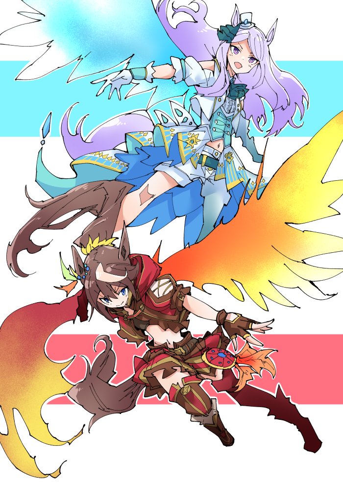 animal_ears boots brown_hair fingerless_gloves floating_hair flying full_body gloves hat horse_girl mejiro_mcqueen_(end_of_sky)_(umamusume) mejiro_mcqueen_(umamusume) midriff mini_hat mini_top_hat multicolored_hair navel nodachi_(nodati51) official_alternate_costume pants purple_eyes purple_hair short_sleeves thigh_boots tokai_teio_(beyond_the_horizon)_(umamusume) tokai_teio_(umamusume) top_hat two-tone_hair umamusume wings
