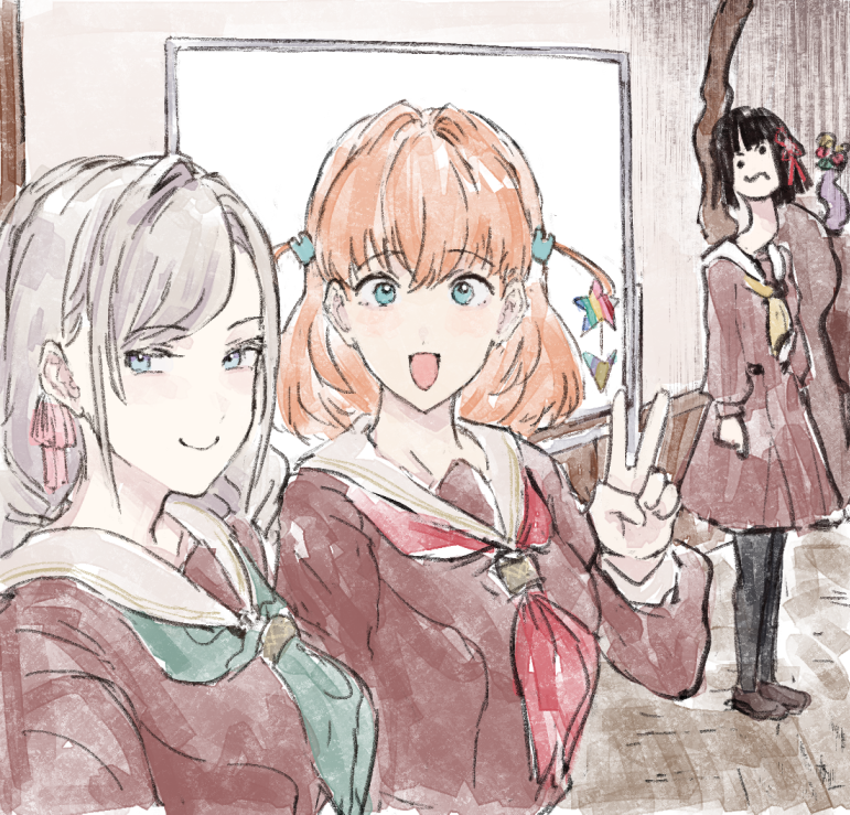 ._. 3girls :d aqua_eyes aqua_neckerchief black_hair black_pantyhose blue_eyes blunt_bangs blunt_ends bob_cut breasts brown_dress c: ceras_yanagida_lilienfeld cerise_bouquet closed_mouth commentary_request crossed_bangs dress flower flower_knot gloom_(expression) grey_hair hair_flower hair_ornament hair_ribbon hasu_no_sora_school_uniform hinoshita_kaho indoors link!_like!_love_live! long_hair long_sleeves looking_at_viewer love_live! medium_breasts medium_dress medium_hair momose_ginko multiple_girls neckerchief open_mouth orange_hair pantyhose pink_ribbon pleated_dress rabbit_hair_ornament red_neckerchief ribbon sailor_collar sailor_dress school_uniform selfie short_hair smile smug standing swept_bangs two_side_up v virtual_youtuber wavy_mouth white_sailor_collar whiteboard winter_uniform yellow_neckerchief yoruneko_yashiro