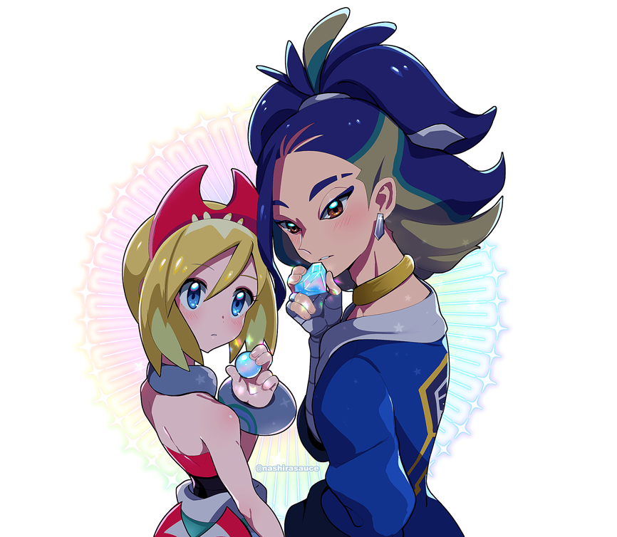 1boy 1girl adaman_(pokemon) blonde_hair blue_coat blue_hair blush bracelet brown_eyes coat collar commentary creatures_(company) earrings eyebrow_cut game_freak gem green_hair hand_up hat holding holding_gem irida_(pokemon) jewelry long_hair nashirasauce neck_ring nintendo parted_lips pokemon pokemon_legends:_arceus red_headwear red_shirt sash shirt sparkle strapless strapless_shirt symbol-only_commentary twitter_username upper_body