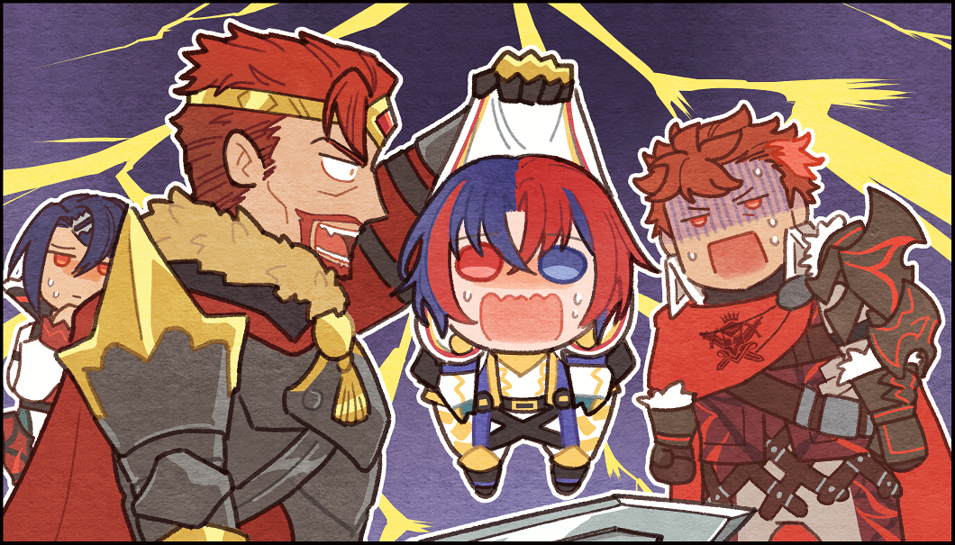 4boys alcryst_(fire_emblem) alear_(fire_emblem) alear_(male)_(fire_emblem) blue_eyes blue_hair crown diamant_(fire_emblem) facial_hair fire_emblem fire_emblem_engage goatee gold_crown hair_ornament hairclip king kszm_fe male_focus morion_(fire_emblem) multiple_boys nintendo open_mouth prince red_eyes red_hair