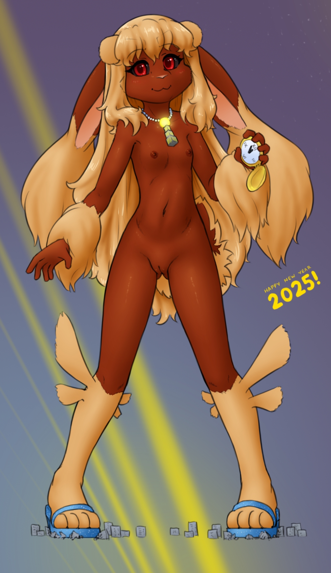1girl 2025 :3 alloyrabbit animal_nose black_sclera blonde_hair blue_sandals body_fur brown_fur cleft_of_venus closed_mouth colored_sclera english_text female_focus flat_chest full_body gen_4_pokemon giant giantess glowing gluteal_fold gradient_background hand_up happy happy_new_year holding holding_pocket_watch jewelry legs legs_apart long_ears long_hair looking_at_viewer lopunny navel necklace new_year nintendo nipples nude pigeon-toed pocket_watch pokemon pokemon_(creature) pussy rabbit_ears rabbit_girl rabbit_tail red_eyes sandals sidelocks smile solo standing stomach thighs toes two-tone_fur uncensored very_long_hair watch yellow_fur
