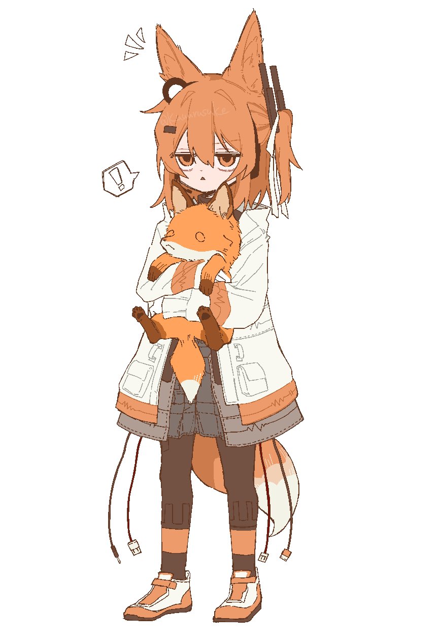 ! 1girl a.i._voice adachi_rei animal animal_ears black_pantyhose cable fox fox_ears fox_girl fox_tail full_body furry_and_animal grey_shorts highres holding holding_animal jacket kemonomimi_mode kuuurusuke looking_at_another one_side_up open_clothes open_jacket orange_eyes orange_hair pantyhose radio_antenna shoes shorts simple_background solo spoken_exclamation_mark standing tail utau white_background white_jacket