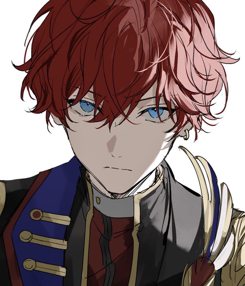 1boy amagi_hiiro backlighting black_jacket blue_eyes closed_mouth double-parted_bangs earrings ensemble_stars! glaring hair_between_eyes jacket jewelry light_frown looking_at_viewer male_focus nozz177 portrait red_hair sanpaku shadow short_hair simple_background single_earring solo wavy_hair white_background