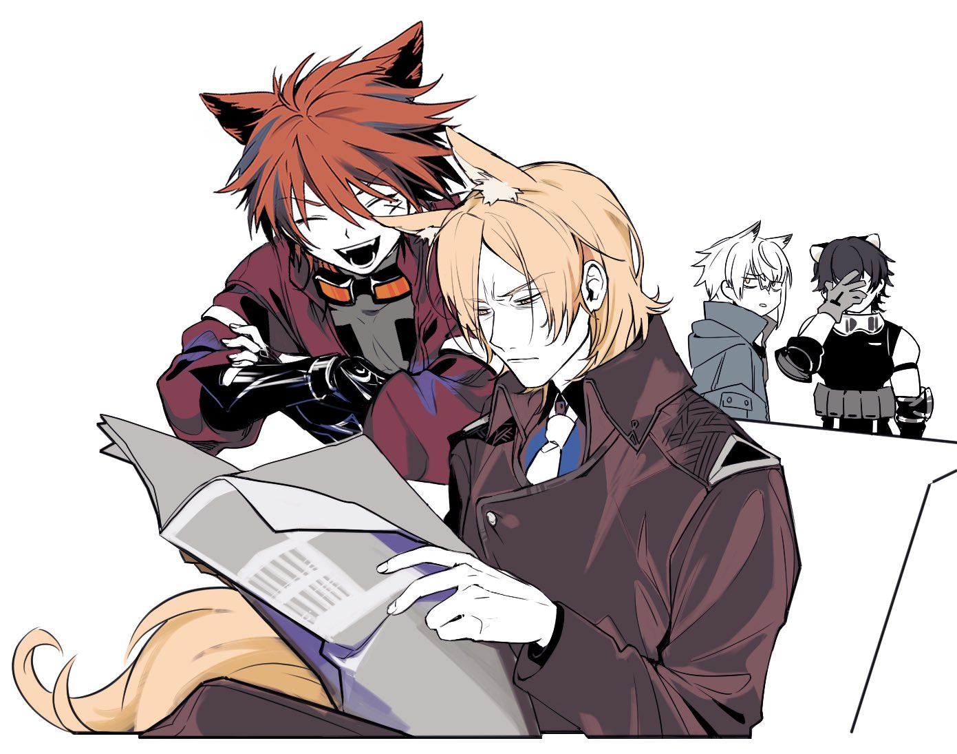4boys animal_ears annoyed aosta_(arknights) arknights black_jacket black_shirt blonde_hair blue_shirt broca_(arknights) brown_suit chiave_(arknights) closed_eyes couch cropped_torso crossed_arms facepalm formal_clothes gauntlets glaring gloves goggles goggles_around_neck grey_gloves grey_jacket grey_shirt holding holding_newspaper horse_boy horse_ears horse_tail ieiieiiei jacket knee_up mlynar_(arknights) multiple_boys necktie newspaper parted_bangs pouch red_hair red_jacket scar scar_on_face shirt simple_background sitting sleeveless sleeveless_shirt suit swept_bangs tail upper_body white_background white_hair white_necktie wolf_boy wolf_ears yellow_eyes