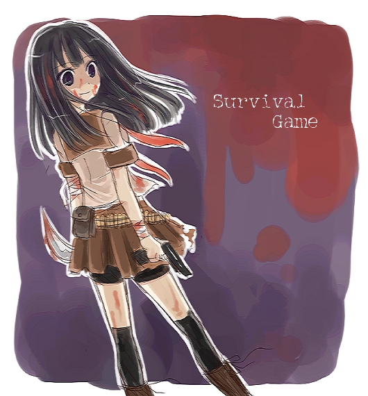 1girl 2000s_(style) ayu_(citron) bandaged_arm bandages black_eyes black_hair black_shorts black_thighhighs blood blood_on_face bloody_knife brown_skirt closed_mouth commentary_request english_text feet_out_of_frame gun handgun holding holding_gun holding_knife holding_weapon knife long_hair looking_to_the_side original pleated_skirt school_uniform serafuku shaded_face shirt short_sleeves shorts shorts_under_skirt skirt smile solo standing thighhighs weapon white_shirt