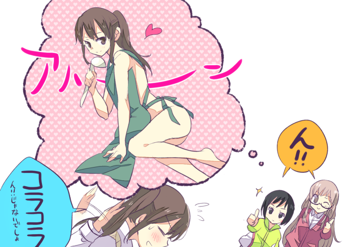 3girls ano_fuji apron black_hair blonde_hair brown_eyes closed_eyes flying_sweatdrops holding holding_ladle imagining kimino_tomonari komano_hina ladle multiple_girls naked_apron okujou_no_yurirei-san one_eye_closed open_mouth smile speech_bubble sweatdrop thought_bubble thumbs_up toomi_yuna translation_request white_background