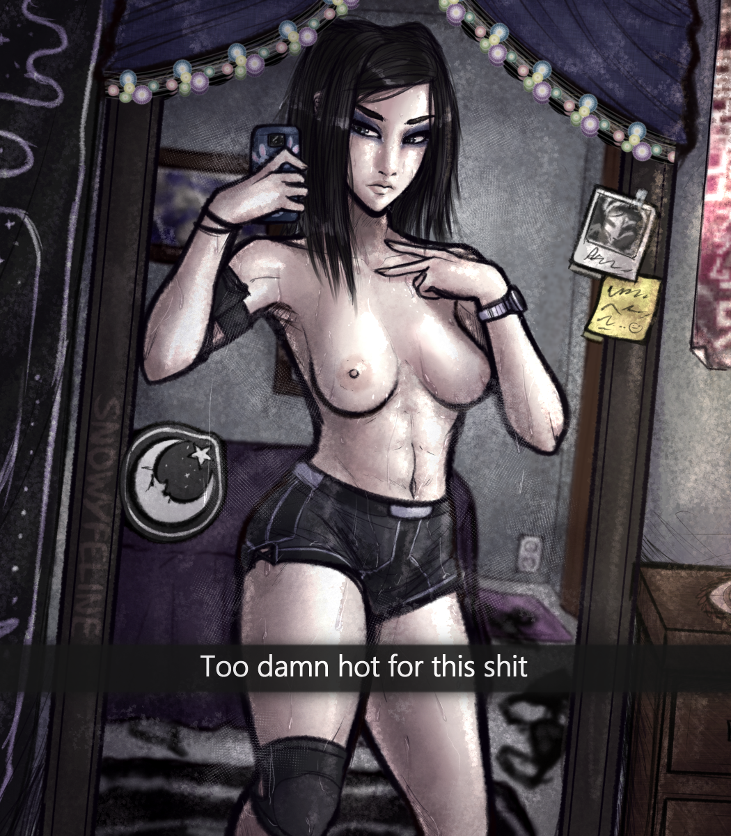 1girl black_hair breasts cellphone ergo_proxy eyeshadow highres knee_pads makeup medium_breasts mirror nipples phone re-l_mayer selfie shorts smartphone snowyfeline topless_female watch wristwatch