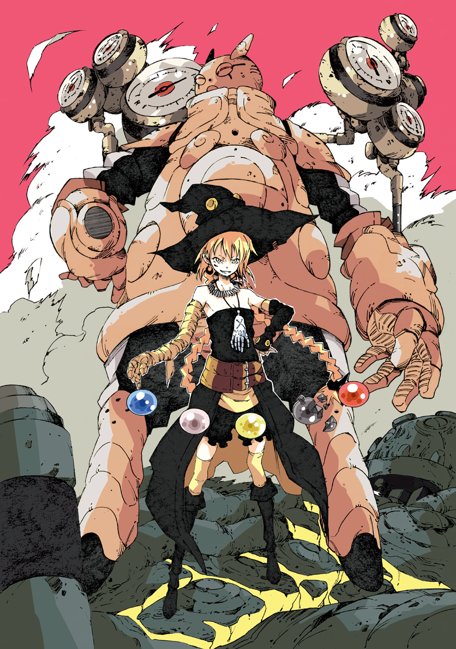 1girl belt blonde_hair boots earrings golem hat highres jewelry makkamu necklace simple_background thighhighs twintails witch witch_hat yellow_eyes