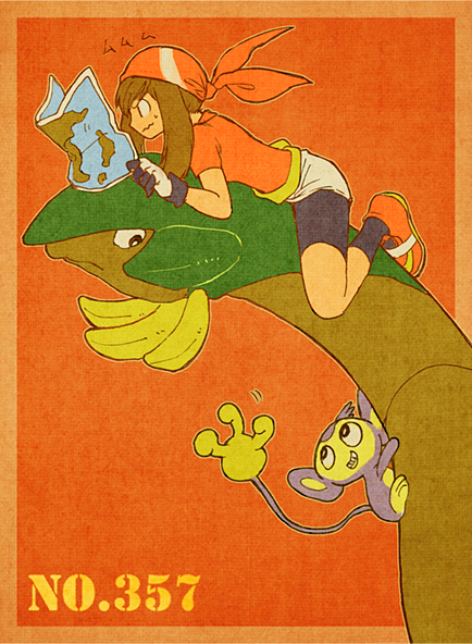 1girl aipom bandana bike_shorts black_shorts brown_hair commentary_request gen_2_pokemon gen_3_pokemon gloves holding holding_map map may_(pokemon) nintendo pokedex_number pokemon pokemon_(creature) pokemon_rse reaching red_bandana red_shoes riding riding_pokemon shoes shorts tropius wavy_hair yuza