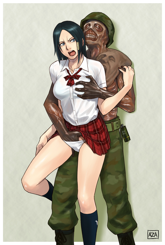 1boy 1girl alicia_(bullet_witch) aq_interactive azasuke black_eyes black_hair breasts bullet_witch cavia clothes_lift explosive fingering grabbing_another&#039;s_breast grenade groping hand_in_panties helmet hetero kneehighs large_breasts molestation monster open_mouth panties school_uniform serafuku skirt skirt_lift socks soldier underwear upskirt you_gonna_get_raped zombie