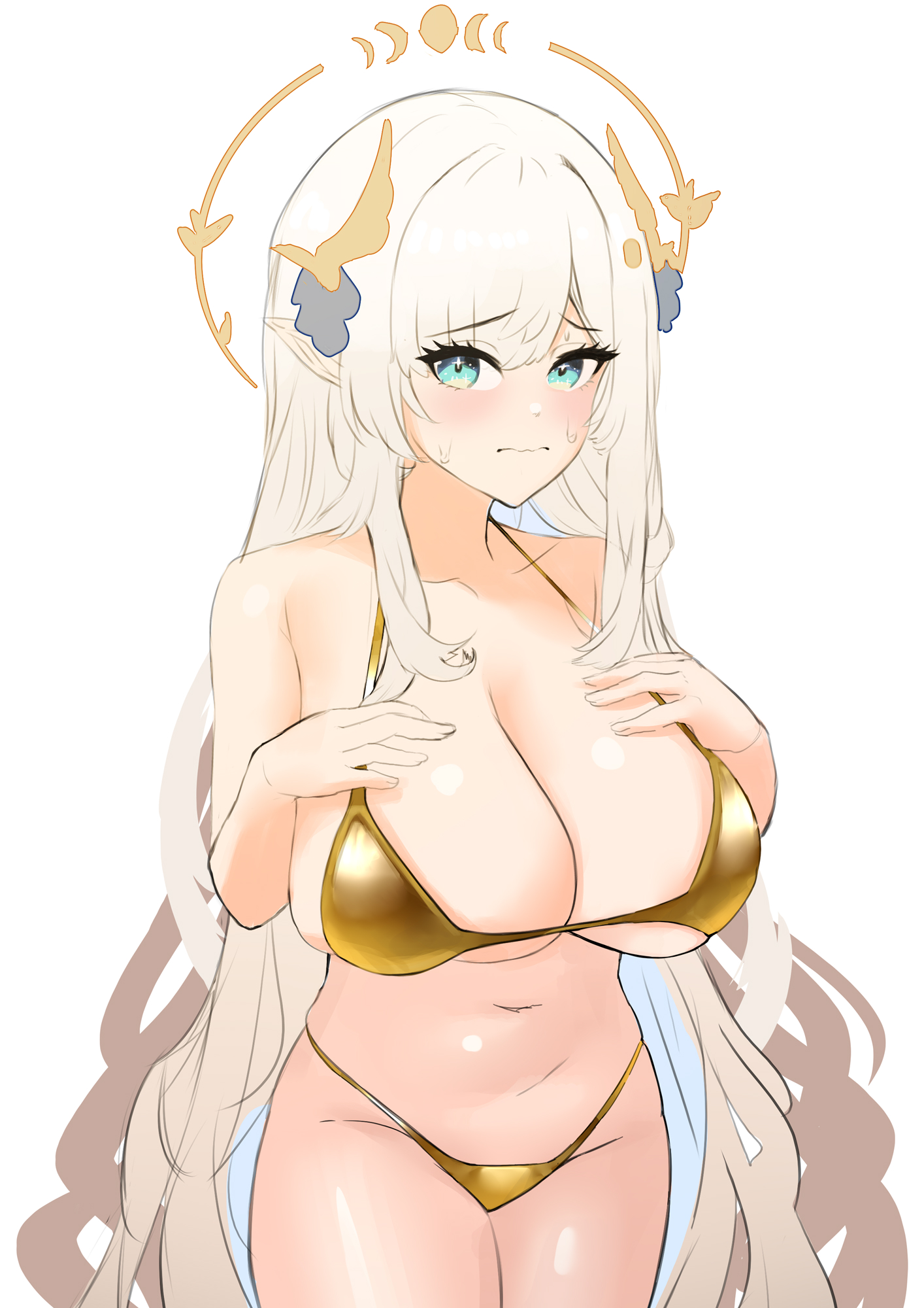 1girl bikini blue_eyes breasts cleavage gold_bikini hair_ornament halo hand_on_own_chest heiz_illust highres hikanari_hina large_breasts long_hair phase_connect pointy_ears swimsuit virtual_youtuber wing_hair_ornament