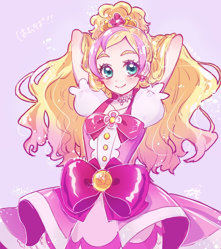 1girl arms_behind_head blonde_hair bow closed_mouth collarbone cure_flora dot_nose earrings flower flower_brooch flower_earrings flower_necklace go!_princess_precure green_eyes hair_ornament happy_birthday haruno_haruka jewelry long_hair magical_girl multicolored_hair namo_(namo_suuun) necklace pink_background pink_bow pink_hair pink_skirt pink_theme precure puffy_sleeves signature simple_background skirt smile solo streaked_hair thick_eyebrows two-tone_hair waist_bow waist_brooch