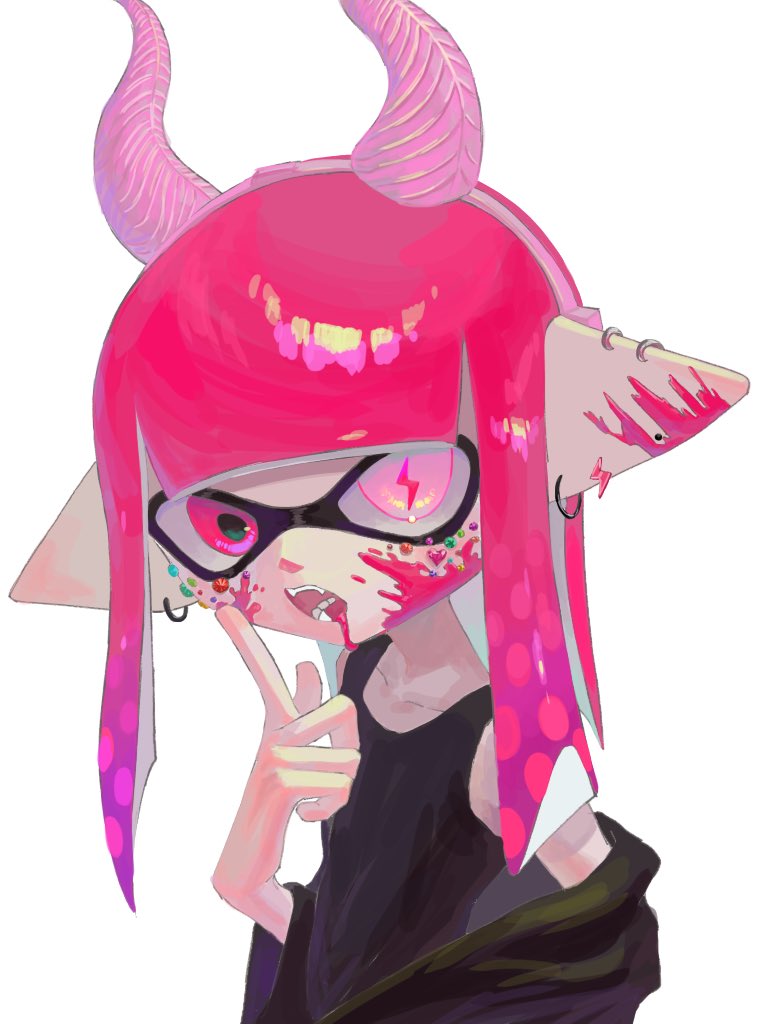 1girl black_shirt collarbone commentary_request ear_piercing earrings fake_horns horns inkling inkling_girl inkling_player_character jewelry kurutot1 lightning_bolt_symbol long_hair nintendo open_mouth paint_splatter piercing pink_eyes pink_hair pointy_ears shirt simple_background solo splatoon_(series) symbol-shaped_pupils teeth tentacle_hair upper_body white_background