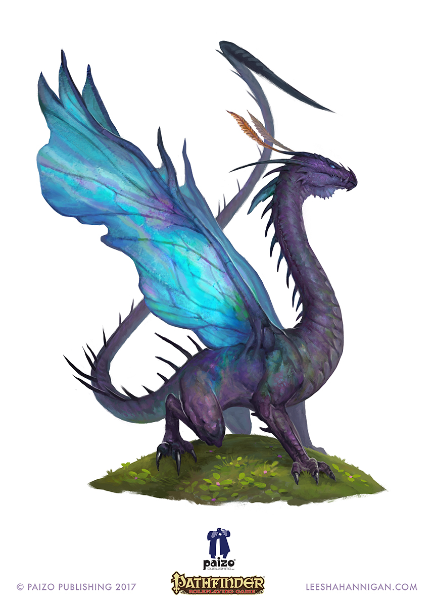animal_focus antennae artist_name blue_eyes blue_wings claws company_name copyright_name dragon full_body grass highres insect_wings leesha_hannigan monster no_humans official_art pathfinder profile purple_scales scales simple_background solo tail watermark web_address white_background wings
