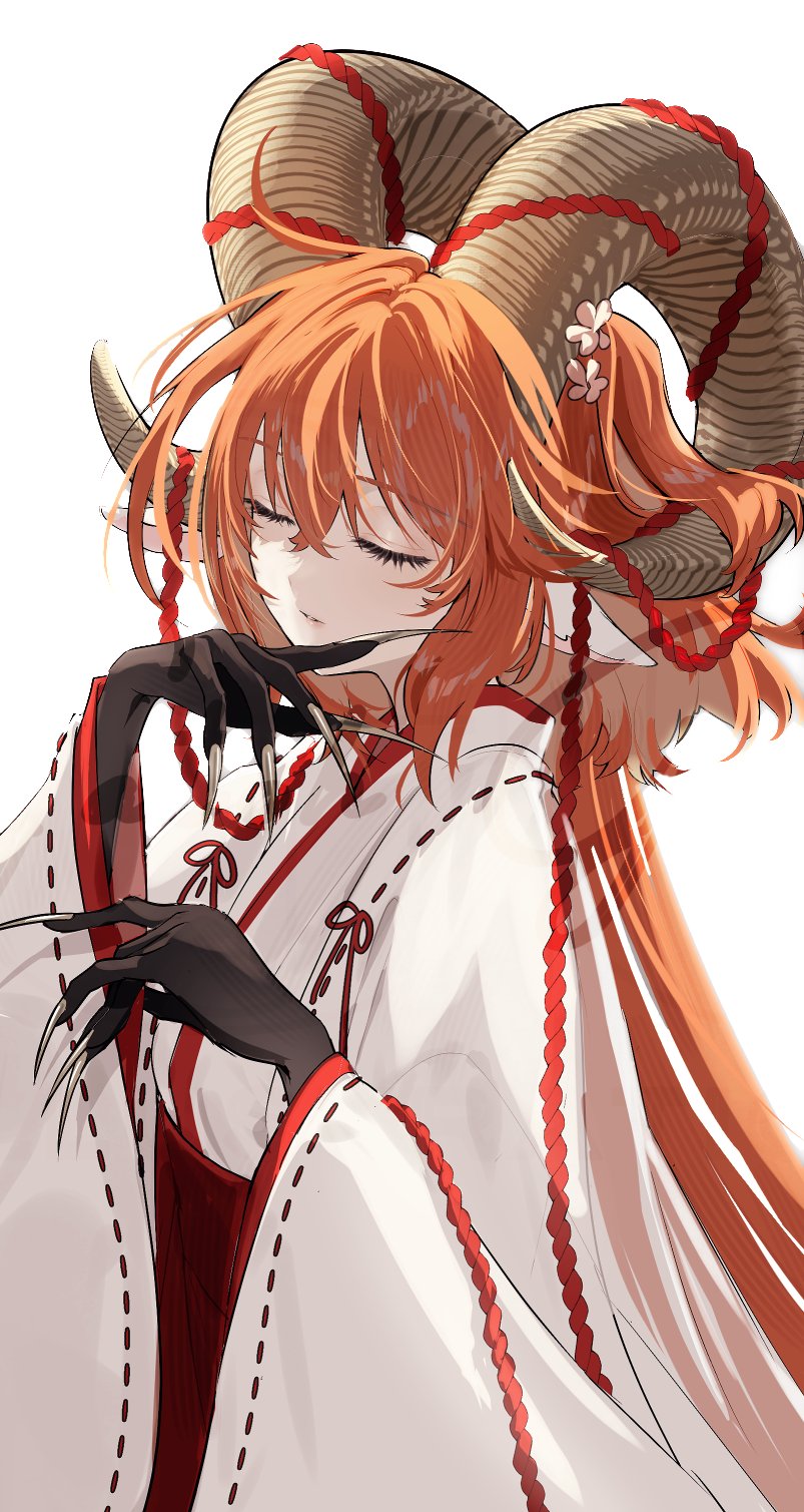 1girl animal_ears closed_eyes commentary_request cosplay dark_young_(fate) dark_young_(fate)_(cosplay) demon_girl fate/grand_order fate_(series) fingernails fujimaru_ritsuka_(female) galibo goat_ears goat_horns highres horns japanese_clothes long_fingernails long_hair miko monsterification orange_hair sharp_fingernails solo very_long_hair white_background wide_sleeves