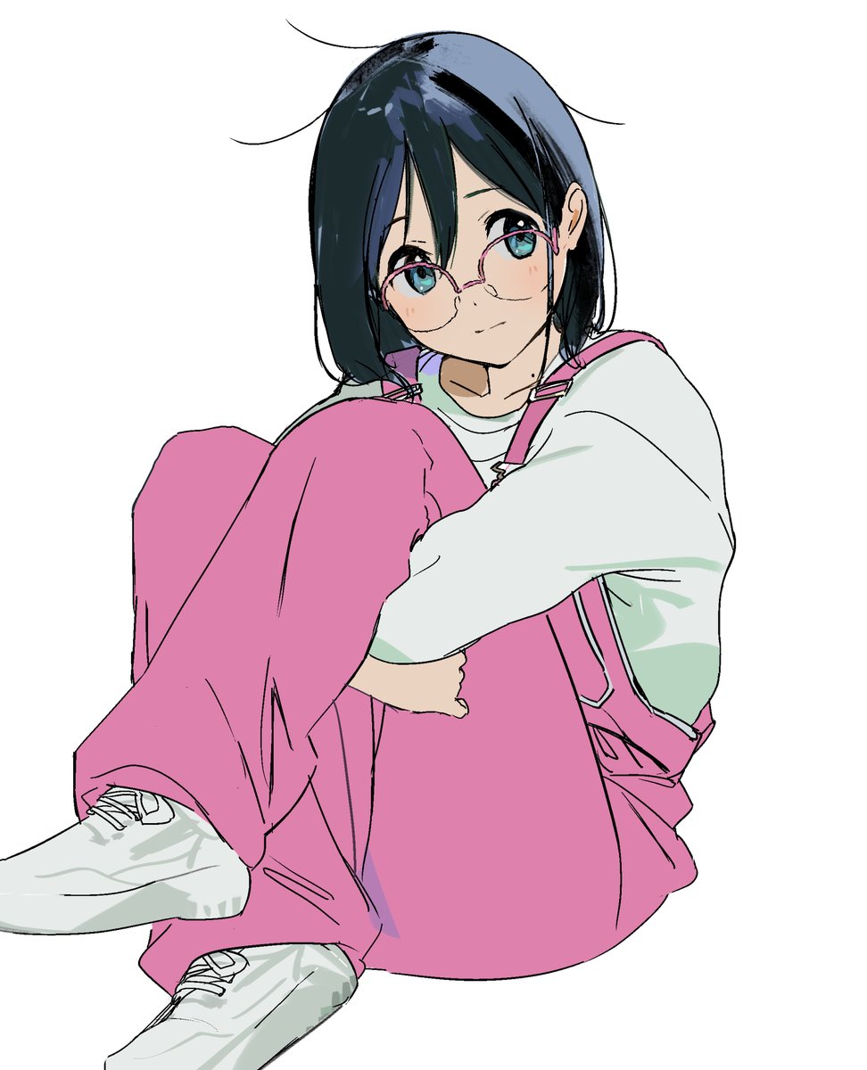 1girl black_hair blue_eyes full_body glasses hair_down highres hugging_own_legs kakeami kitashirakawa_tamako long_hair messy_hair overalls pink_overalls shirt shoes simple_background sneakers solo tamako_market white_background white_shirt white_shoes