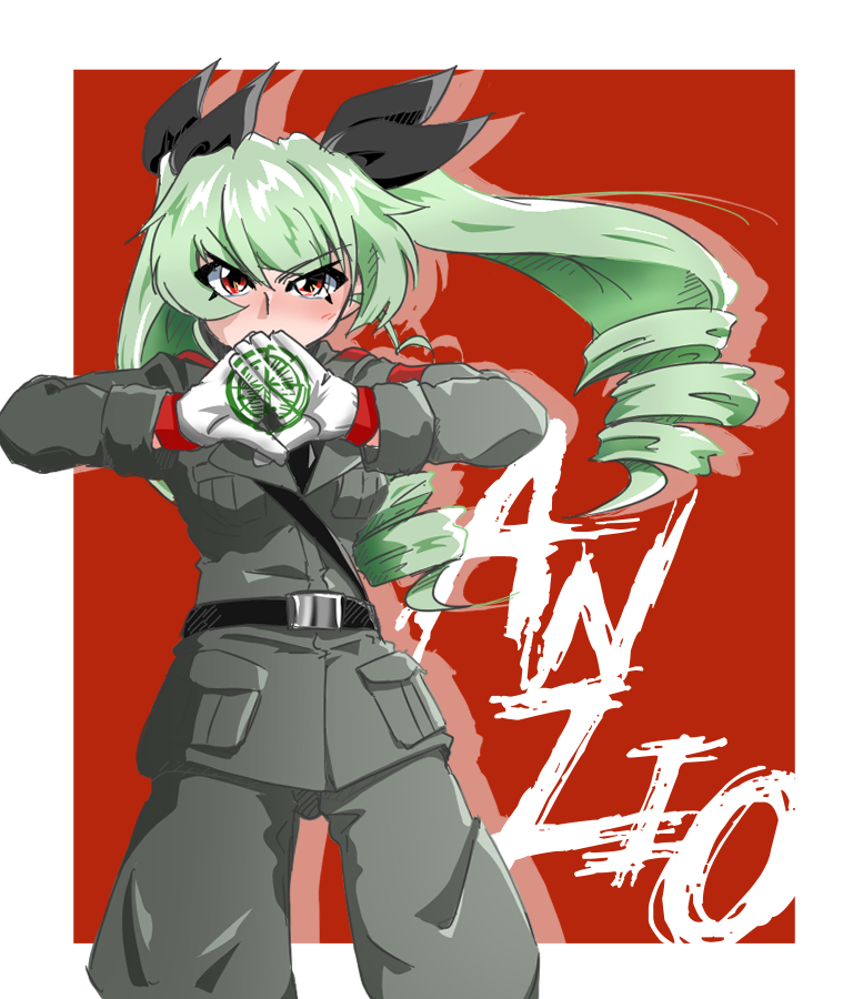 1girl aj_styles anchovy_(girls_und_panzer) anzio_(emblem) anzio_military_uniform belt black_belt black_necktie black_ribbon black_shirt commentary cowboy_shot dress_shirt drill_hair emblem girls_und_panzer gloves green_hair grey_jacket grey_pants hair_ribbon jacket jodhpurs long_hair long_sleeves looking_at_viewer military military_uniform necktie own_hands_together pants parody red_background red_eyes ribbon sam_browne_belt shirt silhouette solo standing ten_musu_inu twin_drills twintails v-shaped_eyebrows white_gloves wind wing_collar wwe
