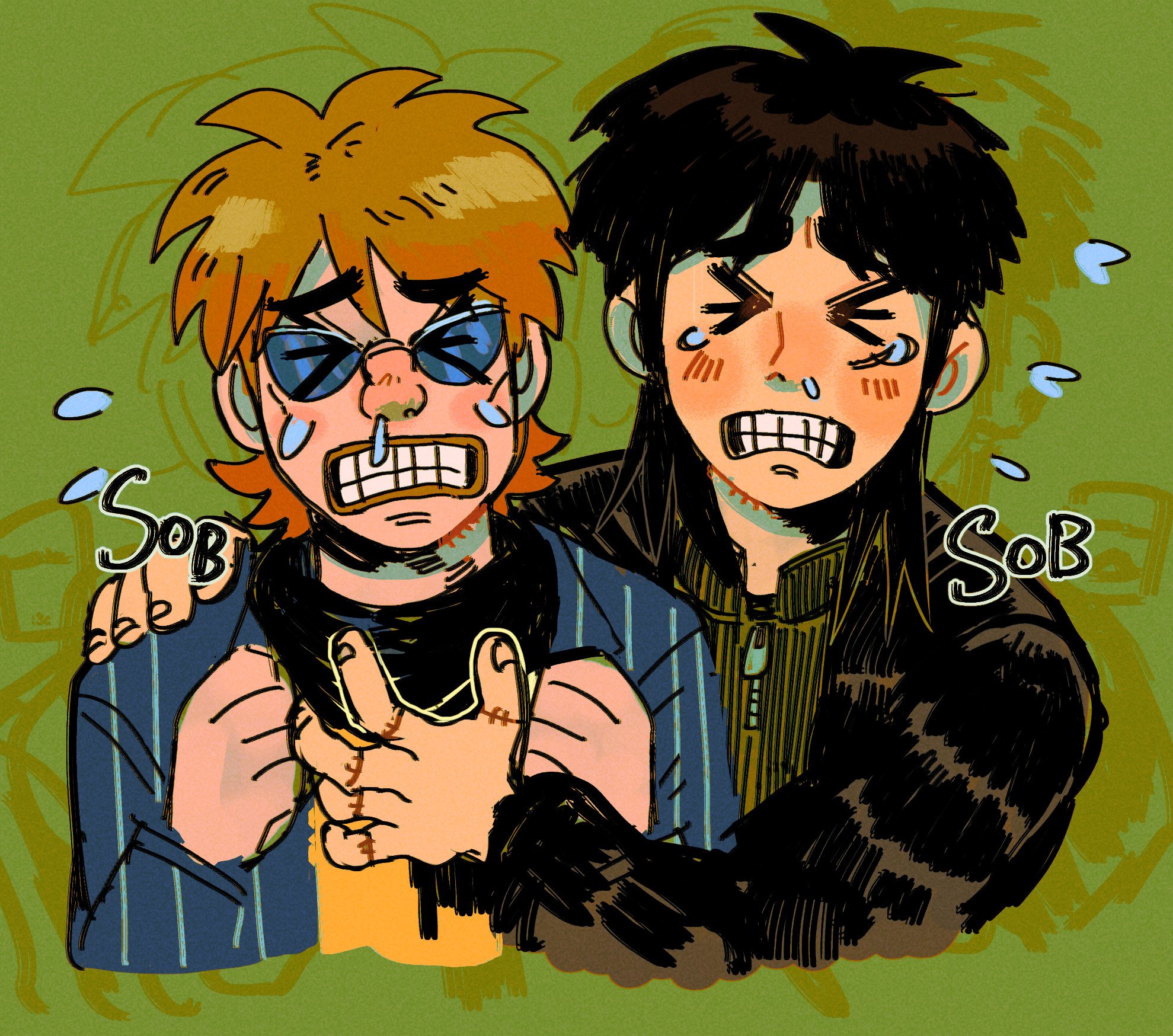 >_< 2boys black_coat black_hair black_scarf blue-tinted_eyewear blue_jacket brown_hair clenched_teeth closed_eyes coat commentary crying english_commentary facial_scar green_background green_sweater highres hyoudou_kazuya itou_kaiji jacket kaiji long_hair long_sleeves male_focus multiple_boys puffy_coat scar scar_on_cheek scar_on_face scar_on_hand scarf short_hair snot sweater teeth tinted_eyewear tzk6996 upper_body