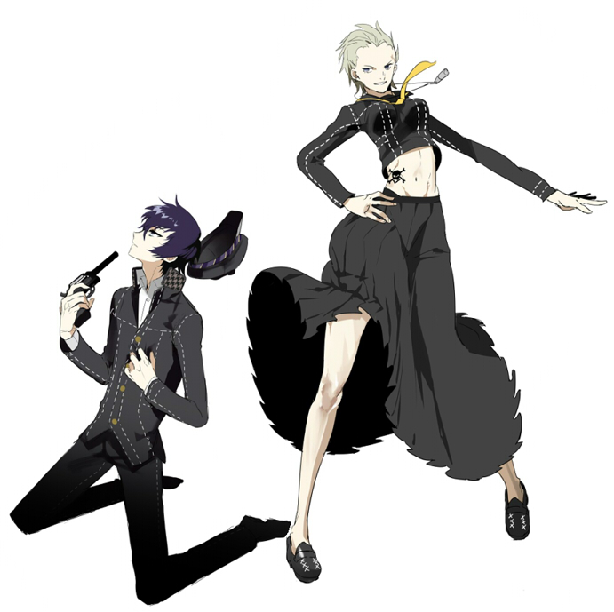 1boy 1girl atlus bad_id bad_pixiv_id blonde_hair blue_eyes blue_hair delinquent genderswap genderswap_(ftm) genderswap_(mtf) grin gun hand_on_own_hip handgun long_skirt navel neckerchief persona persona_4 revolver school_uniform serafuku serori shirogane_naoto skirt skull_and_crossbones smile sukeban tatsumi_kanji weapon