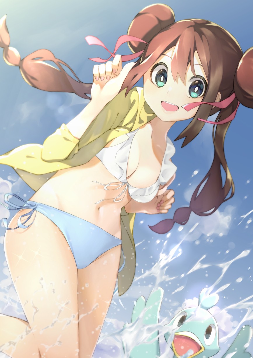 1girl alternate_costume aqua_eyes bikini blue_bikini blue_sky breasts bright_pupils brown_hair commentary cowboy_shot double_bun ducklett frilled_bikini frills front-tie_bikini_top front-tie_top game_freak gen_5_pokemon hair_bun hair_ribbon highres jacket long_hair medium_breasts mismatched_bikini navel nintendo open_clothes open_jacket open_mouth pink_ribbon pokemon pokemon_(creature) pokemon_bw2 ribbon rindoriko rosa_(pokemon) side-tie_bikini_bottom sky smile solo standing standing_on_one_leg swimsuit teeth three-quarter_sleeves twintails upper_teeth_only water white_bikini yellow_jacket