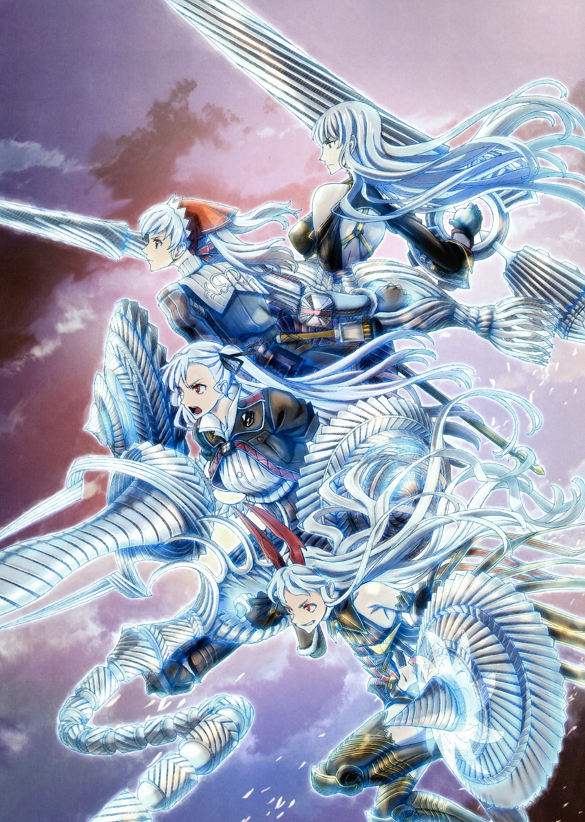 00s 10s 4girls aliasse alicia_melchiott armor armored_boots black_ribbon boots grin hair_ribbon holding holding_weapon horns lance long_hair military military_uniform multiple_girls open_mouth polearm red_eyes ribbon riela_marcellis selvaria_bles senjou_no_valkyria senjou_no_valkyria_(series) senjou_no_valkyria_1 senjou_no_valkyria_2 senjou_no_valkyria_3 shield silver_hair smile spoilers weapon