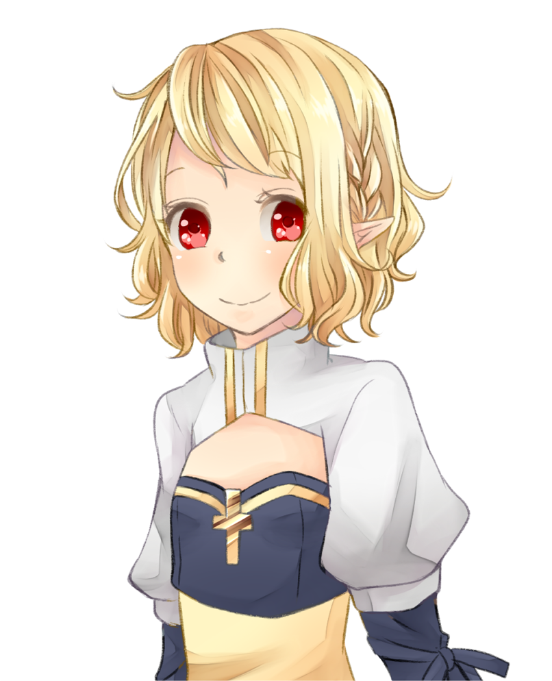 1girl arch_bishop_(ragnarok_online) blonde_hair blush cleavage_cutout closed_mouth clothing_cutout commentary_request cross dress flat_chest juliet_sleeves long_sleeves looking_at_viewer meiko_(nattu303) pointy_ears puffy_sleeves ragnarok_online red_eyes sash short_hair simple_background smile solo two-tone_dress upper_body wavy_hair white_background white_dress yellow_sash