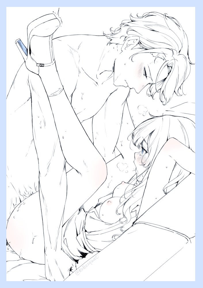 1boy 1girl blue_border blush border bottomless bra bra_lift breasts breasts_out carrot_(robosquat) clothed_female_nude_male couch from_side hetero high_heels long_hair male_pubic_hair monochrome nadeshiko_(carrot_robosquat) nipples nude open_mouth original profile pubic_hair sex small_breasts socks spot_color sweat underwear youta_(carrot_robosquat)