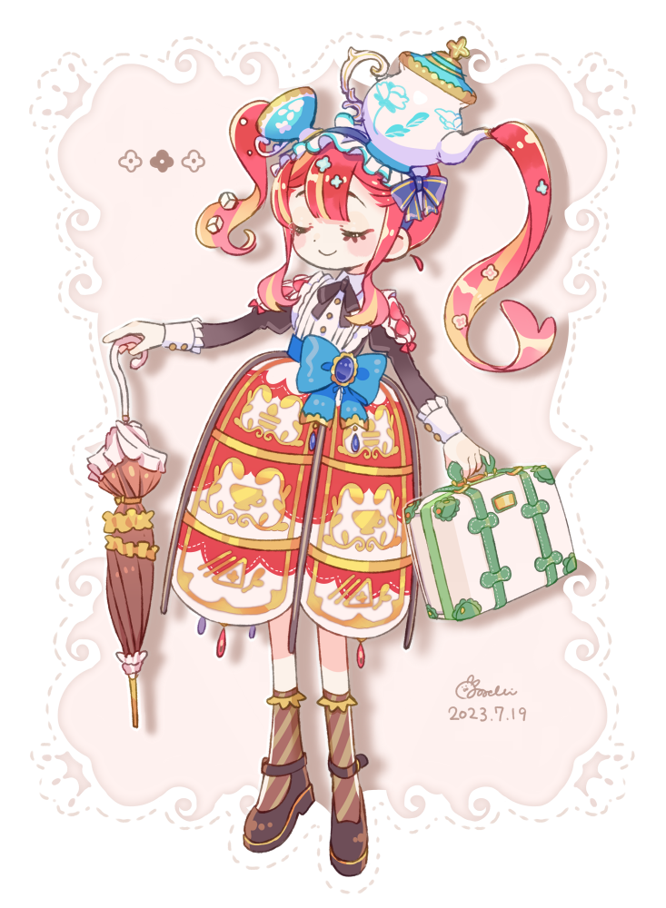 1girl bag black_ribbon black_shirt blonde_hair blue_bow blue_hairband blush_stickers bow brown_shoes brown_socks brown_umbrella closed_eyes closed_mouth commentary_request cup dated full_body hairband holding holding_bag holding_umbrella juliet_sleeves long_hair long_sleeves multicolored_hair neck_ribbon original puffy_sleeves red_hair red_skirt ribbon shirt shoes signature skirt smile socks solo sorata123 standing streaked_hair striped_clothes striped_socks suitcase teacup teapot umbrella waist_bow