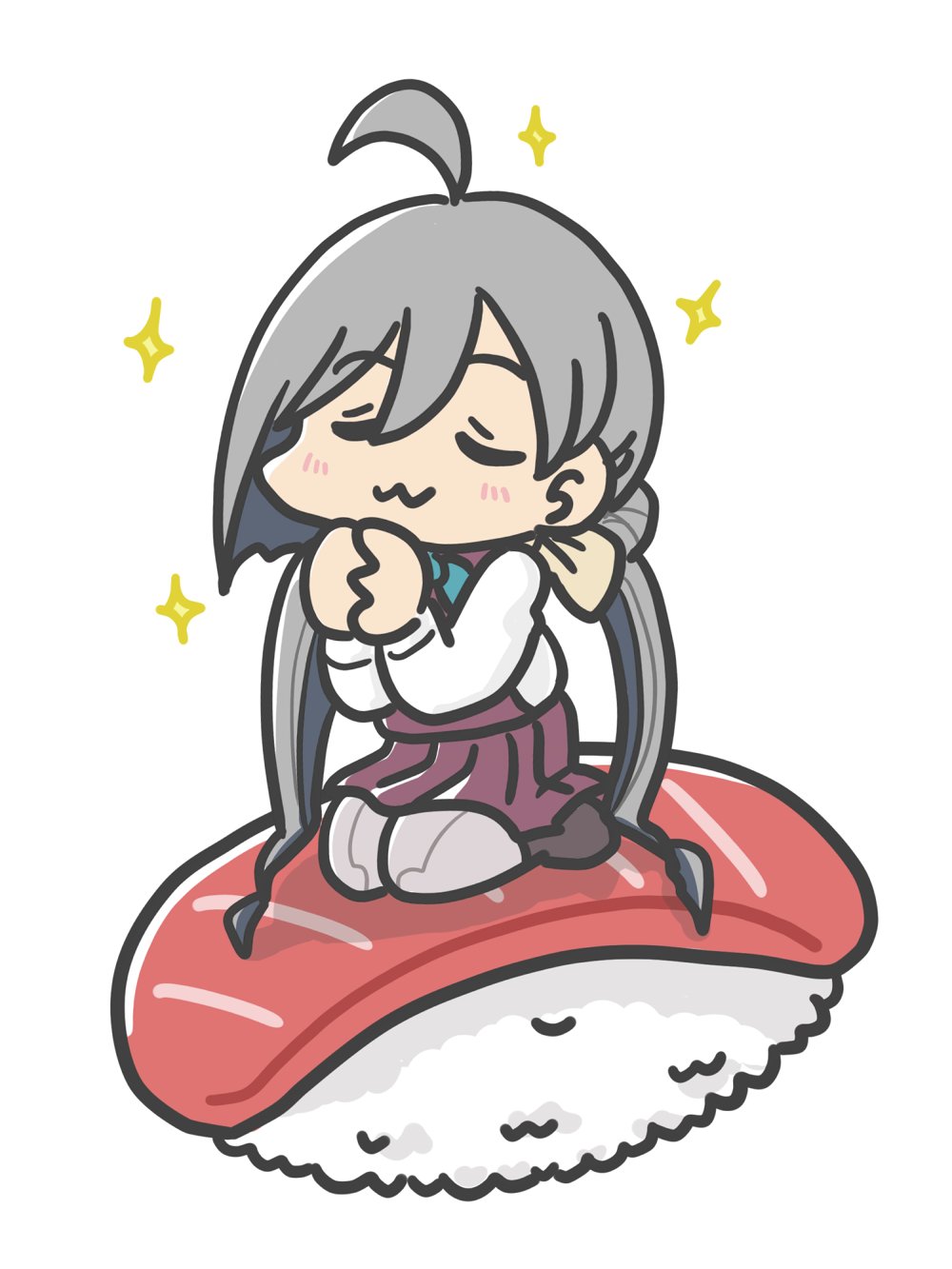 1girl :3 ahoge brown_dress character_request chibi closed_eyes dress ferret-san food grey_hair grey_pantyhose highres kantai_collection kiyoshimo_(kancolle) low_twintails own_hands_clasped own_hands_together pantyhose praying rock simple_background sparkle sushi twintails white_background