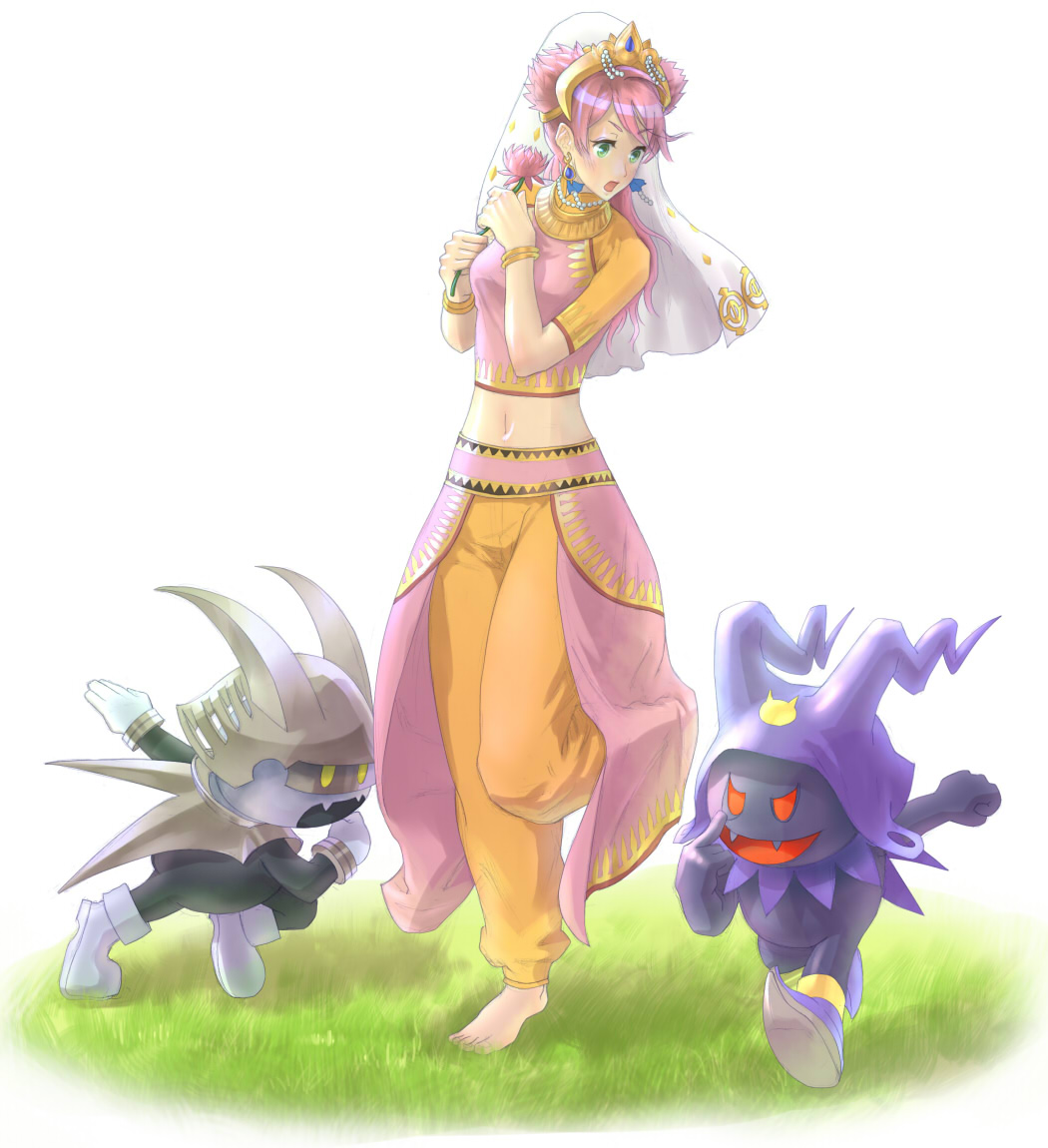 1girl atlus baggy_pants barefoot black_frost blush bracelet demon feet field flower frost_ace grass indian jewelry lotus mico_(paleshelter) midriff navel open_mouth outdoors pants parvati parvati_(megami_tensei) pink_hair shin_megami_tensei simple_background white_background
