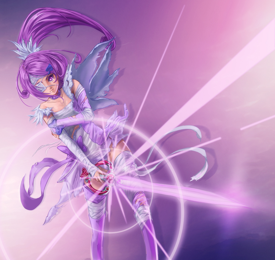 1girl arm_grab arm_warmers bandages boots bow choker cure_sword dokidoki!_precure eyepatch female_focus frown full_body goru_(cure_golgom) hair_ornament hairpin high_ponytail kenzaki_makoto magical_girl name_connection object_namesake ponytail precure purple_boots purple_eyes purple_hair purple_skirt purple_theme purple_thighhighs short_hair skirt solo spade spade_hair_ornament sword thighhighs torn_clothes weapon