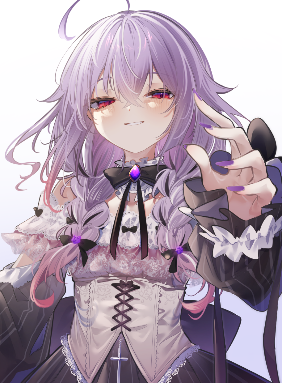 1girl ahoge black_bow black_bowtie bow bowtie braid corset detached_collar dress frilled_shirt_collar frills grin hair_bow hatuho_1223 highres hiyoku_no_crosspiece long_hair long_sleeves looking_at_viewer low_twin_braids multicolored_hair nanashi_inc. off-shoulder_dress off_shoulder outstretched_arm puffy_long_sleeves puffy_sleeves purple_hair purple_nails red_eyes shisui_kiki shisui_kiki_(3rd_costume) smile solo streaked_hair twin_braids upper_body virtual_youtuber white_background