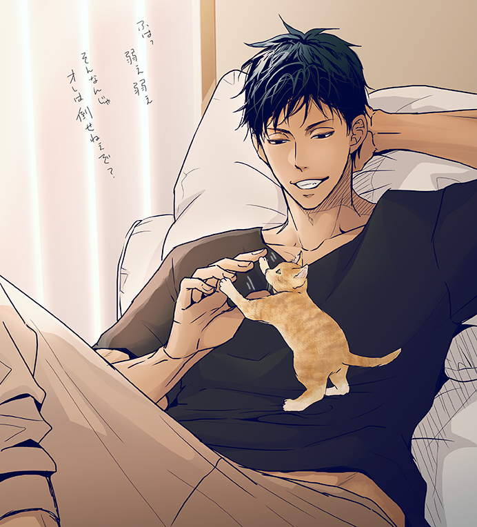 1boy a_jou animal aomine_daiki arm_behind_head arm_up black_shirt blue_eyes brown_pants cat collarbone commentary_request crew_neck dark-skinned_male dark_skin grin kitten kuroko_no_basuke looking_at_animal lying male_focus motion_lines on_back orange_cat pants paw_up pillow shirt short_sleeves smile solo teeth translation_request