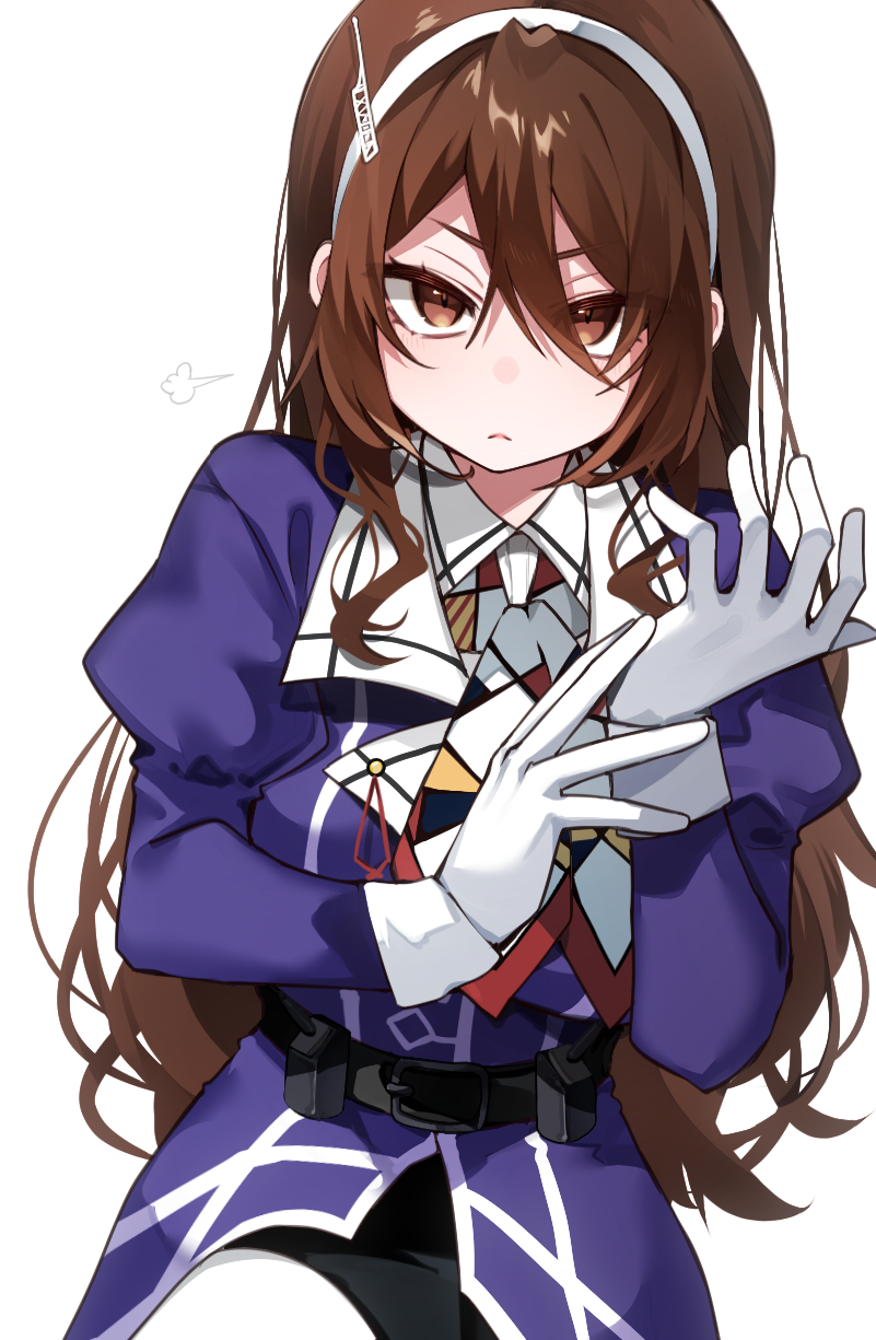 1girl ashigara_(kancolle) ashigara_kai_ni_(kancolle) belt black_skirt brown_eyes brown_hair gloves hairband highres jacket kantai_collection long_hair looking_at_viewer military_uniform multicolored_neckerchief neckerchief pantyhose pencil_skirt purple_jacket simple_background sitting skirt solo tsumikitsuki_(katsuobushi) wavy_hair white_background white_gloves white_hairband white_pantyhose