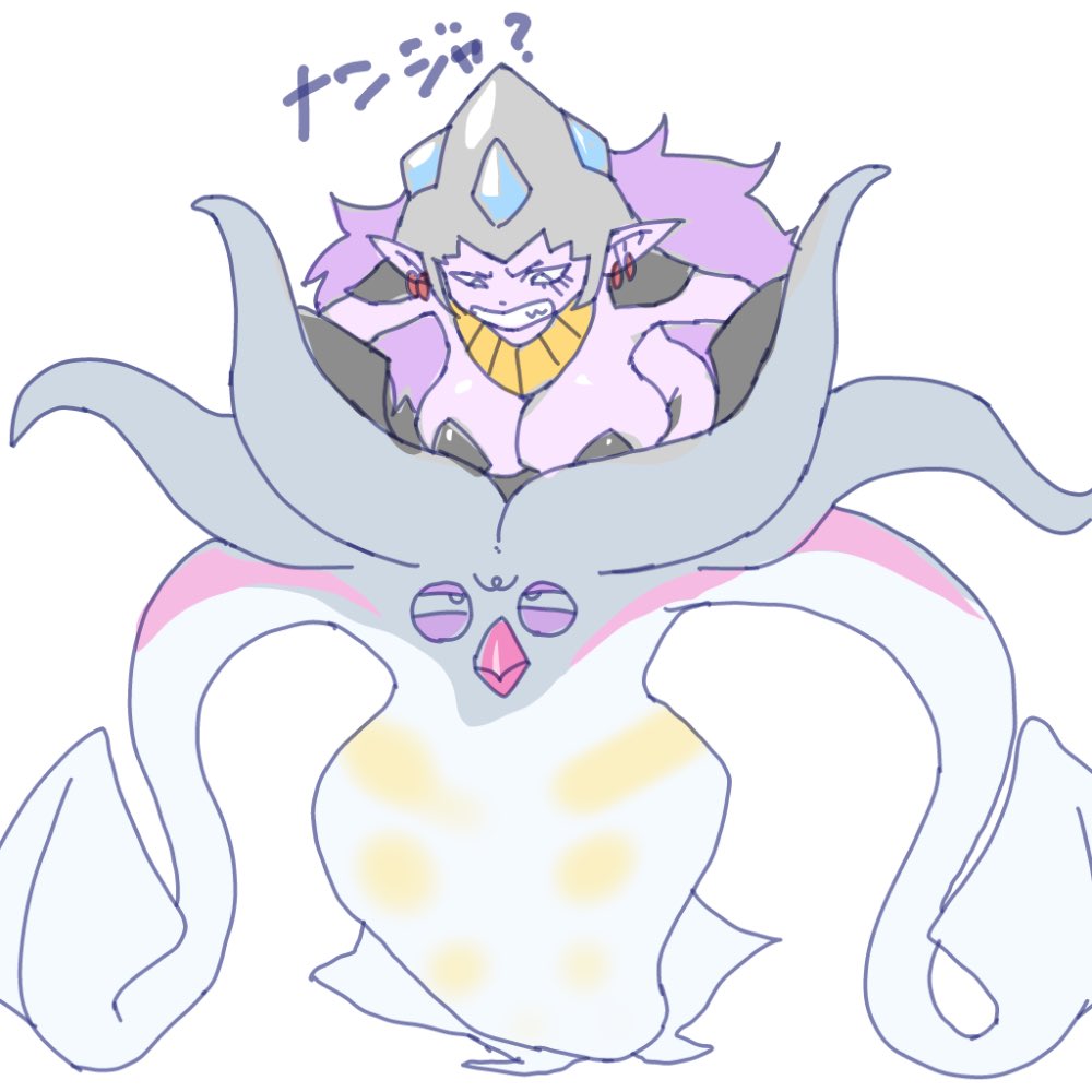 bracelet calamaramon digimon digimon_(creature) earrings gen_6_pokemon gerusyu jewelry long_hair looking_at_another malamar monster_girl nintendo pokemon pokemon_(creature) pun purple_hair red_eyes squid_girl tentacles trait_connection