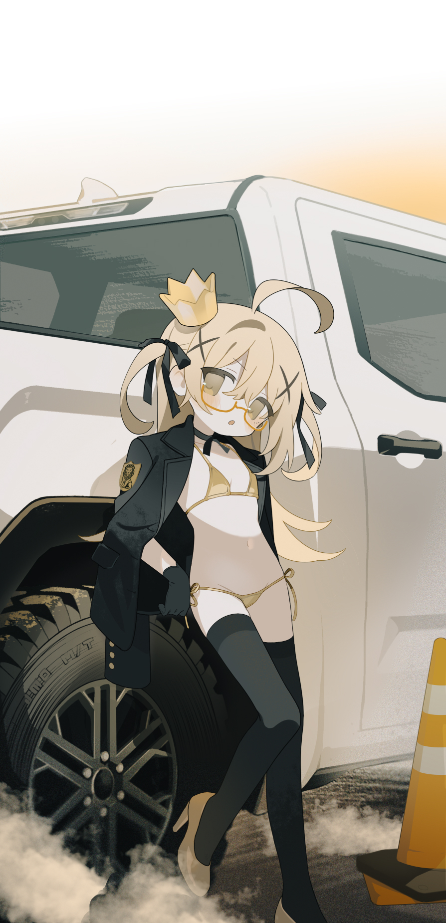 1girl ahoge bikini black_choker black_gloves black_jacket black_ribbon black_thighhighs blonde_hair choker crown daizu_(melon-lemon) glass gloves hair_ribbon high_heels highres jacket jacket_on_shoulders long_hair looking_at_viewer mini_crown motor_vehicle navel one_side_up open_clothes open_jacket original outdoors parted_lips pickup_truck ribbon ribbon_choker semi-rimless_eyewear side-tie_bikini_bottom solo standing stiletto_heels string_bikini swimsuit thighhighs traffic_cone truck under-rim_eyewear yellow_bikini