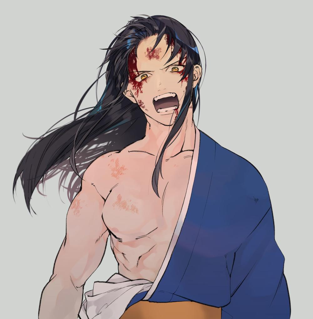 1boy bad_id bad_twitter_id blood blood_on_face commentary fish_(m8snknk) gintama grey_background japanese_clothes katsura_kotarou kimono long_hair looking_at_viewer male_focus open_mouth sash sidelocks simple_background solo upper_body yellow_sash