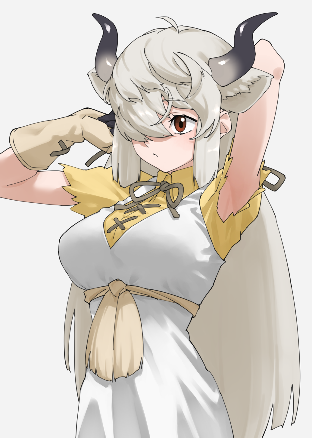 1girl animal_ear_fluff animal_ears arm_behind_head armpit_peek arms_up bow bowtie breasts brown_bow brown_bowtie brown_eyes collared_shirt commentary dress extra_ears gloves grey_background hair_over_one_eye hands_in_hair highres kemono_friends large_breasts long_bangs long_hair looking_ahead one_eye_covered ox_ears ox_girl ox_horns sash shirt short_sleeves simple_background solo t-shirt tanabe_(fueisei) twintails upper_body very_long_hair white_dress white_gloves white_hair yak_(kemono_friends) yellow_shirt