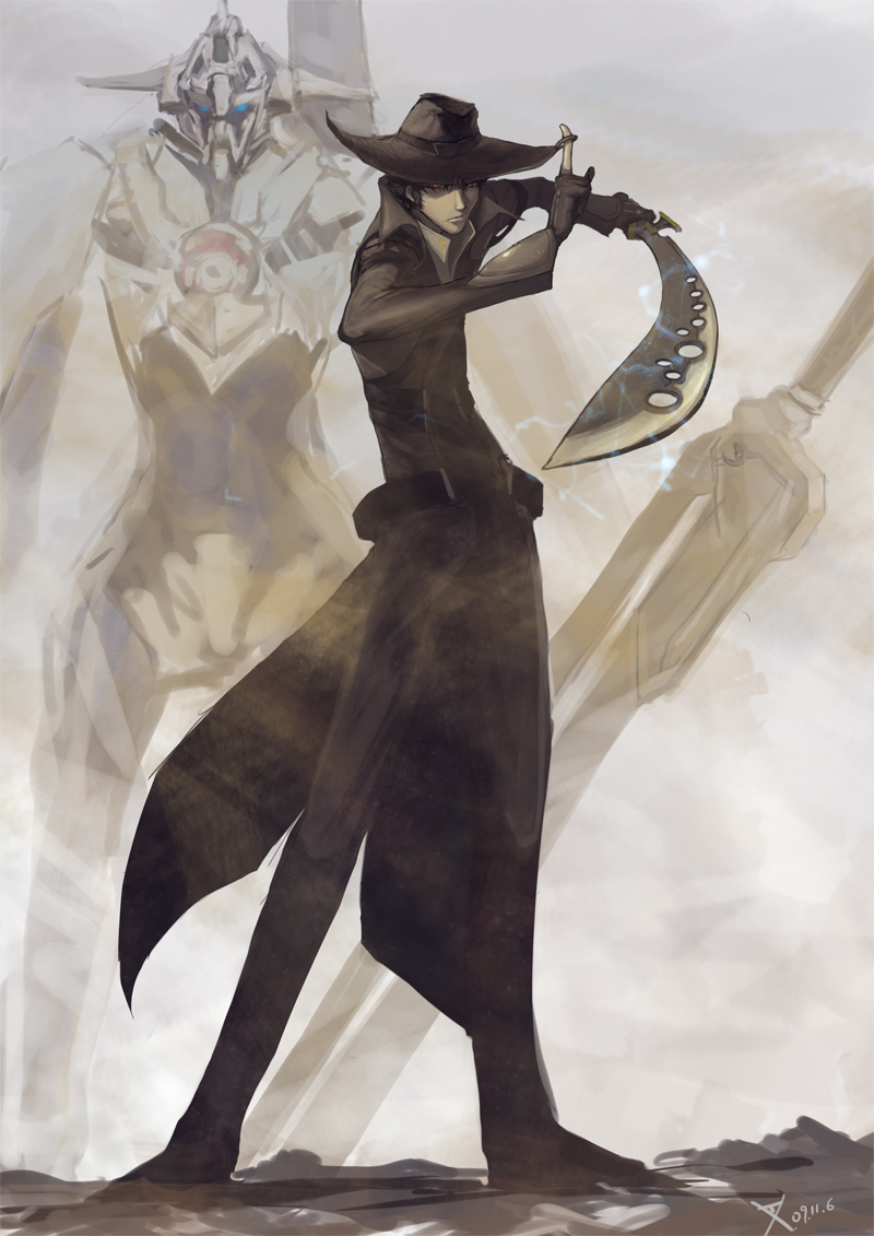 1boy charimei coat dann_of_thursday electricity gunxsword hat male_focus mecha red_eyes robot signature solo sword trench_coat van_(gunxsword) weapon