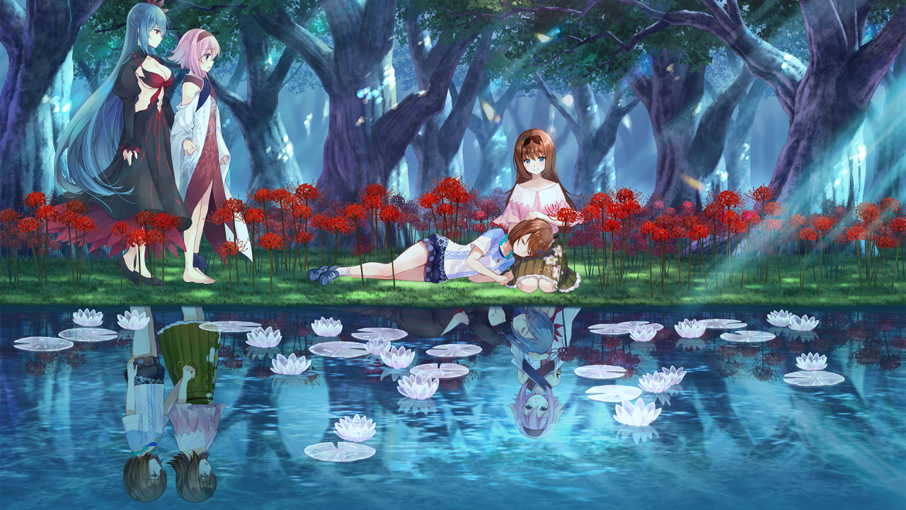 4girls black_dress black_shrug blue_eyes blue_hair blue_shirt bob_cut breasts brown_hair cleavage closed_eyes closed_mouth dappled_sunlight different_reflection dress floral_print floral_print_skirt flower game_cg green_skirt juliet_sleeves lap_pillow large_breasts long_dress long_hair long_sleeves looking_at_another lotus lying majo_(yumeutsutsu) medium_skirt multiple_girls nie_(yumeutsutsu) non-web_source official_art on_side one_side_up open_mouth otori_ai outdoors pink_hair pleated_skirt pond print_skirt profile puffy_sleeves red_dress reflection revealing_clothes shirt short_hair shrug_(clothing) siblings sisters sitting skirt smile spider_lily split_mouth spoilers standing sunlight sweatdrop u_u very_long_hair white_dress yanagiya_kokoro yumeutsutsu_re:master