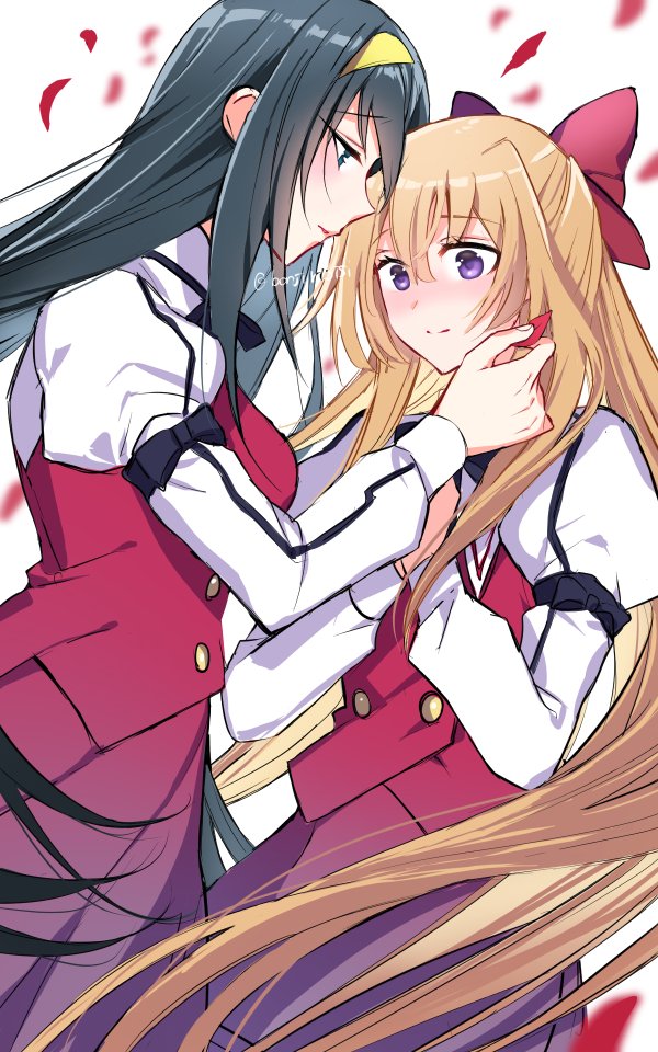 2girls black_hair blonde_hair blue_eyes blush bow commentary_request face-to-face hair_bow hairband himemiya_chikane holding holding_petal juliet_sleeves kannazuki_no_miko kurusugawa_himeko long_hair long_sleeves looking_at_another multiple_girls ototachibana_academy_school_uniform petals puffy_sleeves purple_eyes red_bow school_uniform sentaku_nori twitter_username upper_body yellow_hairband yuri