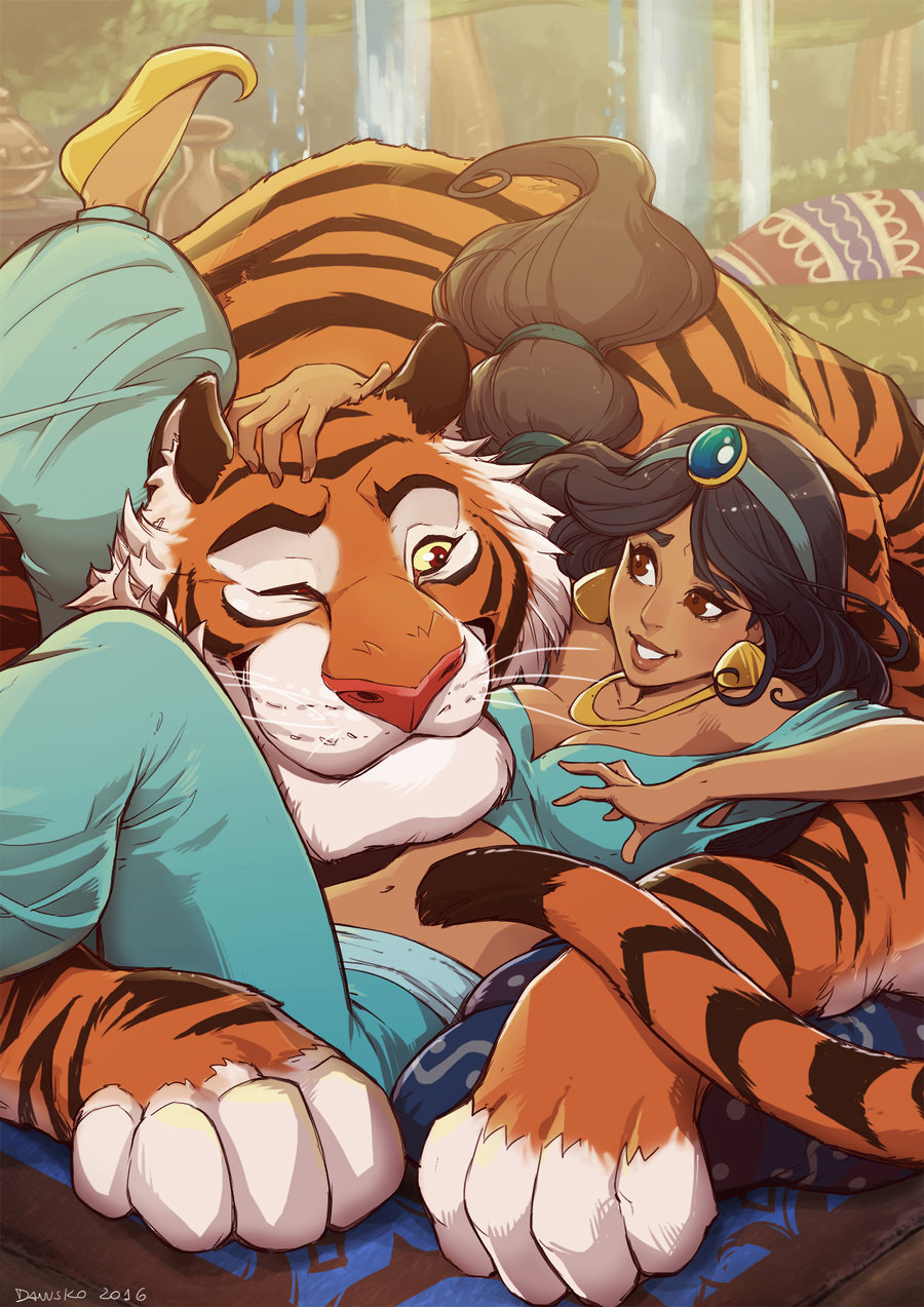10s 1girl 2016 aladdin_(movie) animal artist_name black_hair breasts brown_eyes cleavage danusko dark_skin disney earrings hand_on_another&#039;s_head headpat highres jasmine_(disney) jewelry lying midriff navel on_back one_eye_closed parted_lips ponytail pot rajah_(disney) smile tail tiger water waterfall