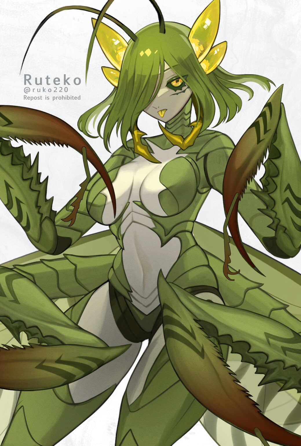 1girl arthropod_girl breasts exoskeleton female_focus highres mantis_girl medium_breasts monster_girl ruteko_(ruko220) solo tongue tongue_out