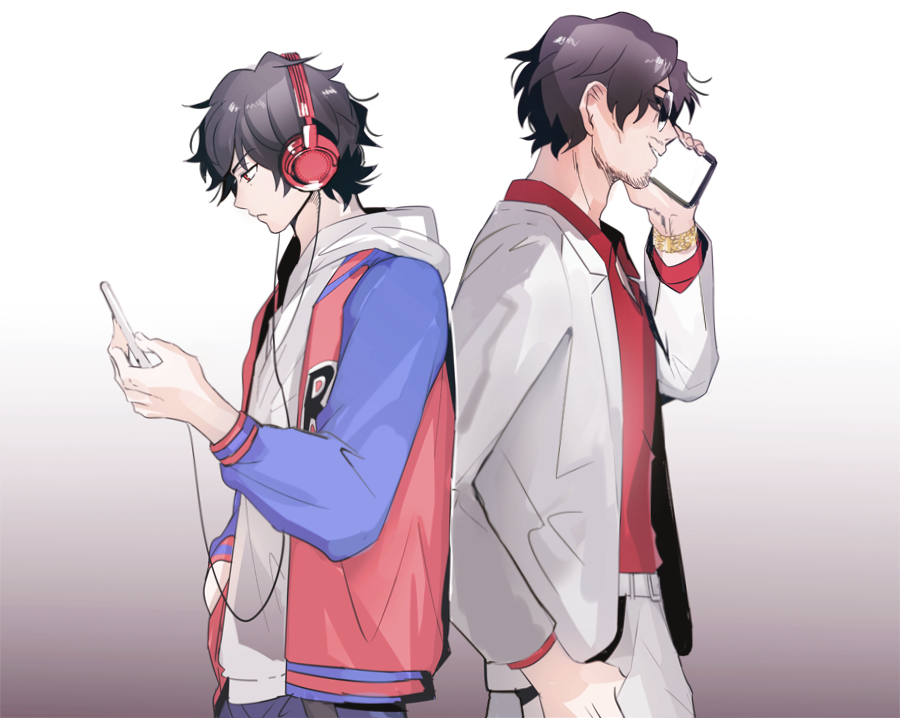 2boys adam&#039;s_apple amayado_rei back-to-back belt black_hair blue_jacket cheekbones collared_shirt cowboy_shot denim father_and_son formal_clothes from_side gradient_background grey_background hair_between_eyes hand_in_pocket headphones holding holding_phone hood hoodie hypnosis_mic jacket jacket_over_hoodie jeans letterman_jacket light_frown long_sleeves looking_at_phone male_focus mature_male mole mole_under_eye multicolored_jacket multiple_boys open_mouth pants parted_hair partially_unbuttoned phone profile red_eyes red_jacket red_shirt scar scar_across_eye scar_on_face shirt short_hair smile suit suit_jacket sunglasses talking_on_phone thumb_in_pocket two-tone_jacket v-shaped_eyebrows watch wavy_hair weddycrshen white_background white_hoodie white_suit wristwatch yamada_ichiro