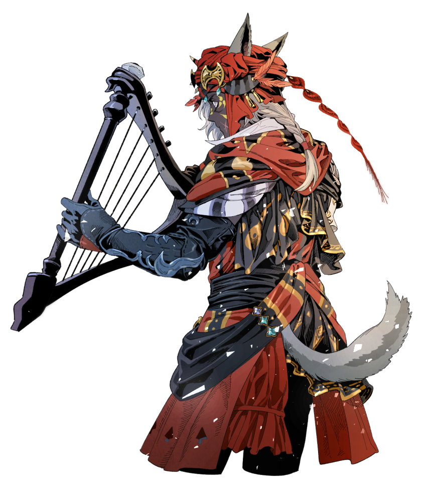 1boy 5altybitter5 animal_ears bard_(final_fantasy) black_gloves cat_ears cat_tail cowboy_shot cross_scar dark-skinned_male dark_skin final_fantasy final_fantasy_xiv from_side gloves harp hat holding_harp igor_(5altybitter5) instrument male_focus miqo&#039;te red_hat scar simple_background solo standing tail turban warrior_of_light_(ff14) white_background white_eyes