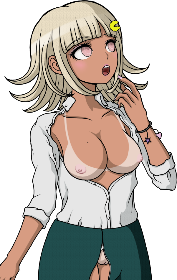 1girl blonde_hair breasts cheeeeeeeeeeeeen collarbone danganronpa_(series) danganronpa_2:_goodbye_despair dark-skinned_female dark_skin fingernails gyaru mole mole_on_breast nail_polish nanami_chiaki nipples open_clothes open_mouth open_shirt panties panty_peek pink_eyes pink_nails simple_background tan tanline teeth third-party_edit tongue transparent_background underwear upper_teeth_only