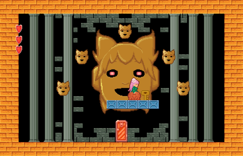 black_background brick commentary_request door fake_screenshot hata_no_kokoro heads-up_display heart kanpa_(campagne_9) key long_hair mario_(series) mask new_mask_of_hope nintendo open_mouth phanto pillar pink_hair pixel_art red_eyes smile super_mario_bros._2 touhou toyosatomimi_no_miko user_interface